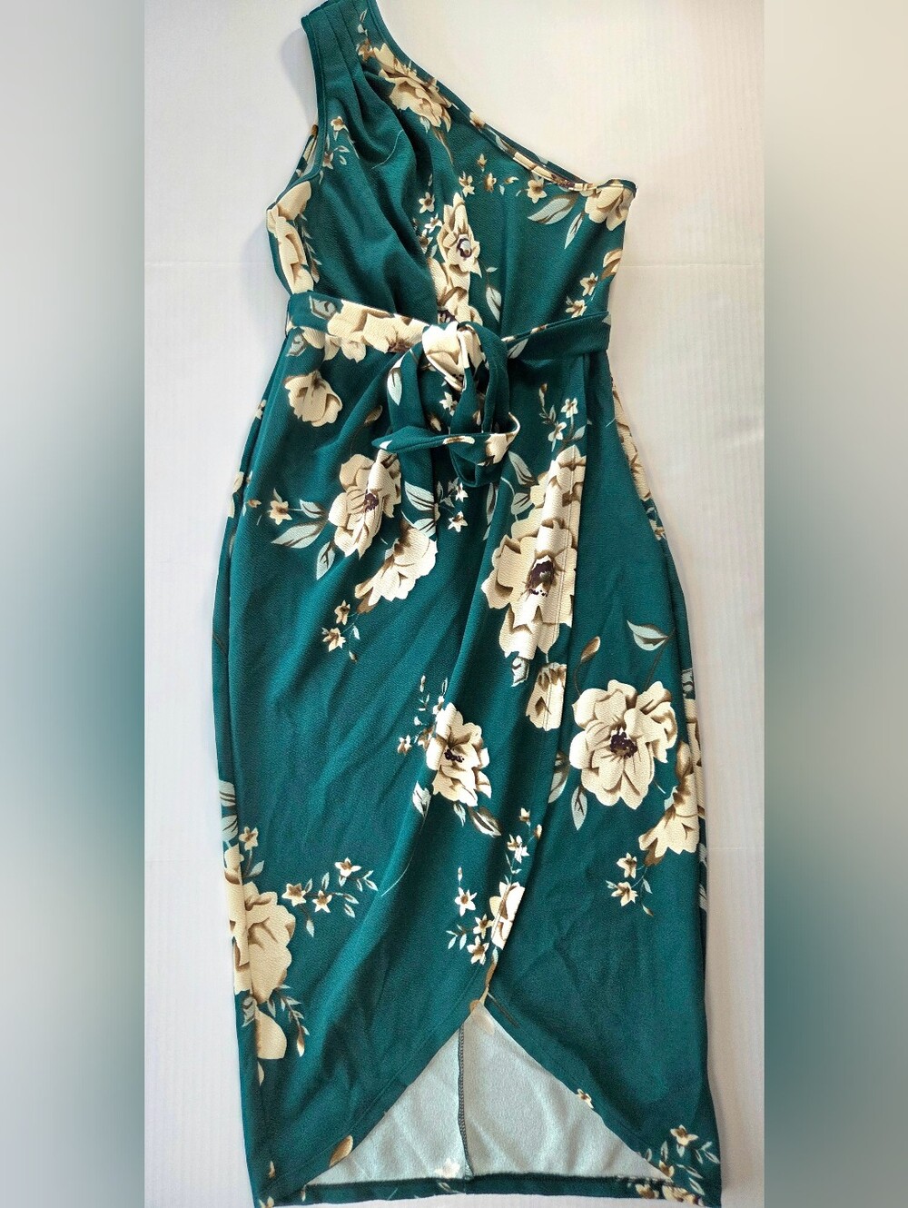 Shein Floral One-Shoulder Teal Dress Tie Waist with Cream Blooms Romantic